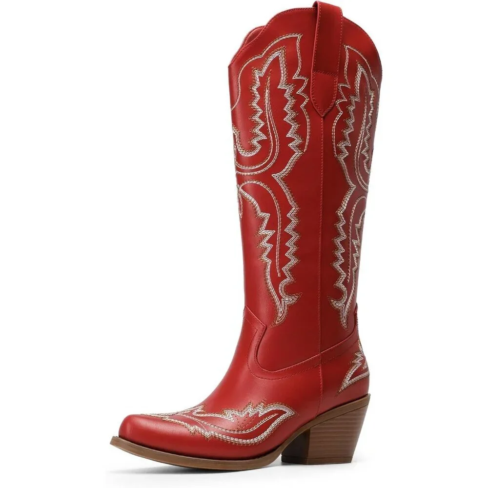 Women's Red Square Toe Comfortable Side Zipper Tall Cowboy Knee High Boots